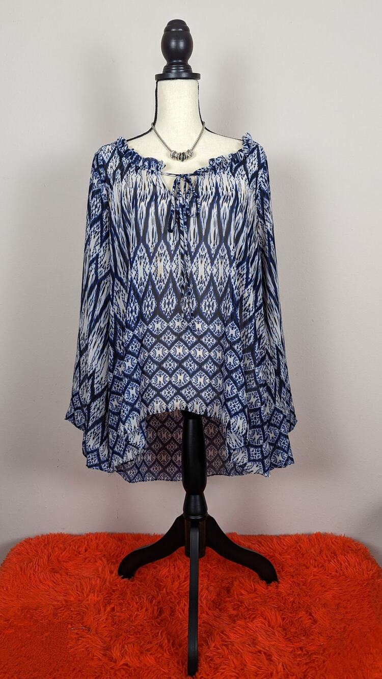 2tee Couture Blue White Sheer Boho Ruffle Tie Neck Wide Sleeve High Low Blouse S